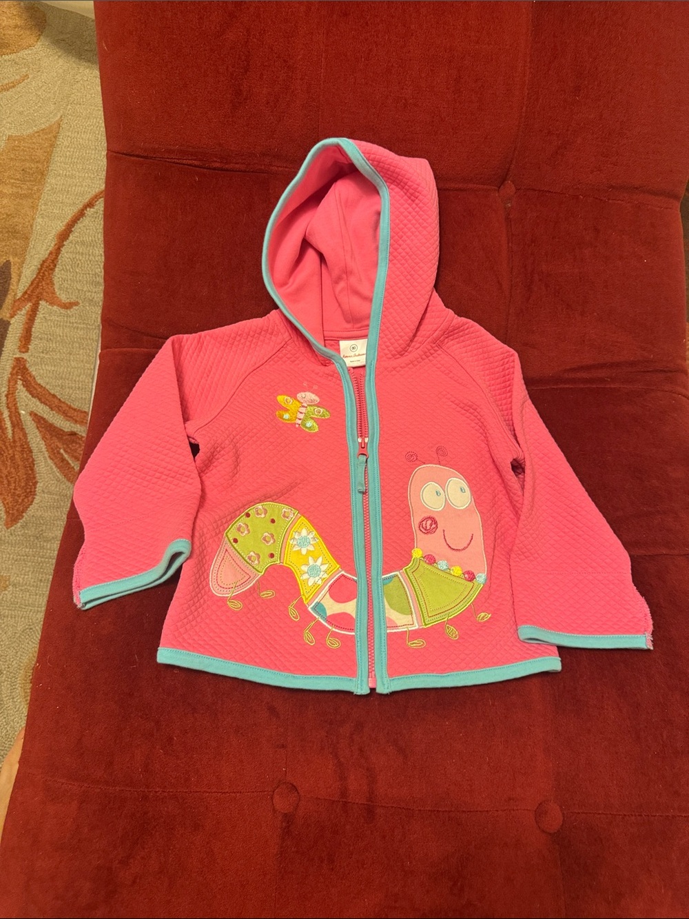 Hanna Andersson Pink Hooded Jacket with Blue Trim and Caterpillar Applique